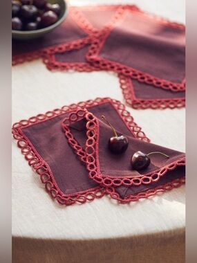 Anthropologie Janna Cocktail Napkins, Set of 4 in Crimson NEW